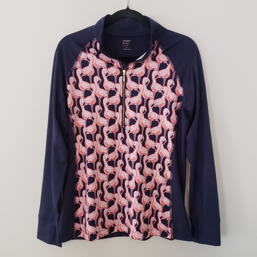 Crown & Ivy Sport Womens 1/4 Zip Rash Guard Shirt Top MED Novelty Flamingo Beach